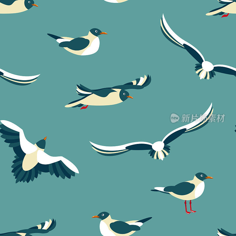 The seagulls. Seamless pattern with sea birds in the style of flat. Vector illustration.